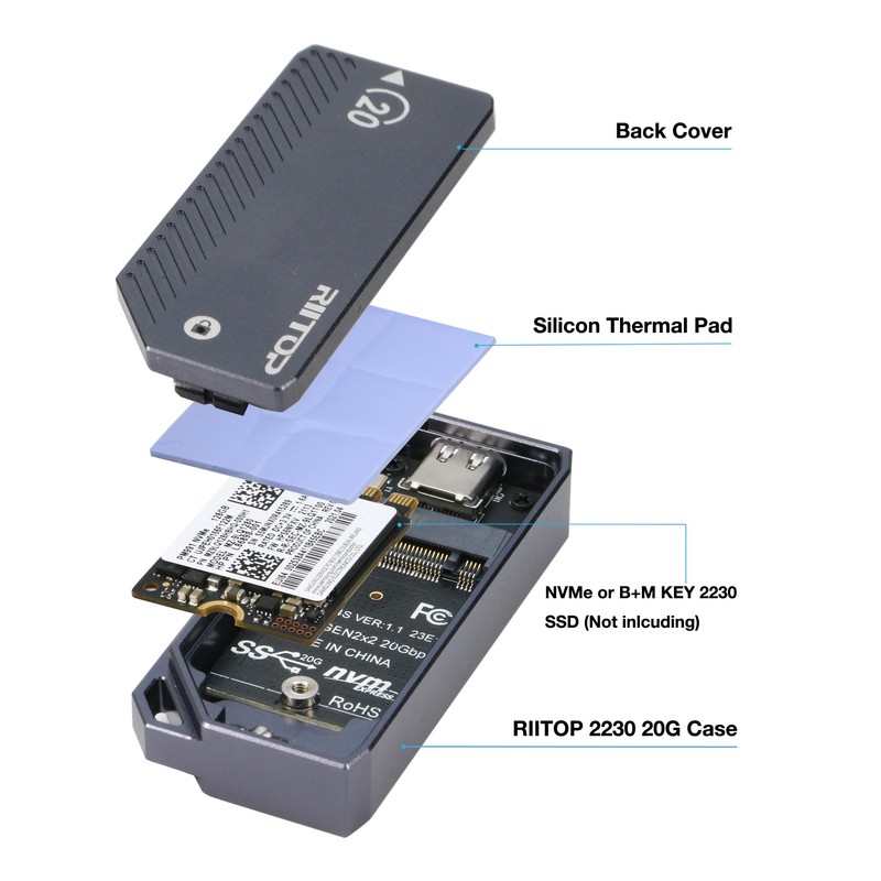 RIITOP M.2 NVMe SSD Enclosure 20Gbps, NVMe to USB3.2 Gen2X2