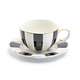 Grace Teaware Black and White Scallop Fine Porcelain Tea Cup and Saucer with Gold Trim