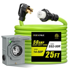 50 Amp Generator Cord and Power Inlet Box Kit, 25 Feet 50A 4 Prong Heavy Duty RV Extension Cord NEMA 14-50P to SS2-50R STW 6/3+8/1 AWG Gauge Wire Cable for RV Camper & House,Pre-Drilled, ETL Listed