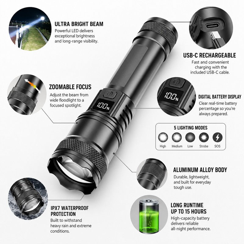 Rechargeable LED Flashlight for Emergency Use – Zoomable Multi-Mode Torch