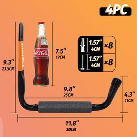 HUHOLE 4 Pack Garage Storage Hooks Heavy Duty – 9.8" Extra Large Jumbo Arm Wall Mount Hangers for Kayak, Ladder, Canoe, Snowboard & Folding Chairs – 70lbs Capacity Utility Organizer Rack (Black)