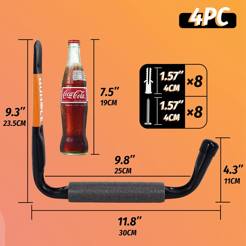 HUHOLE 4 Pack Garage Storage Hooks Heavy Duty – 9.8"