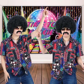 morvally Afro Wig Black 70s for Men with Chain for Glasses and Moustache Curly Wig for Disco Costume 70s Hippie Rocker 80s Cosplay Wigs Funny Halloween