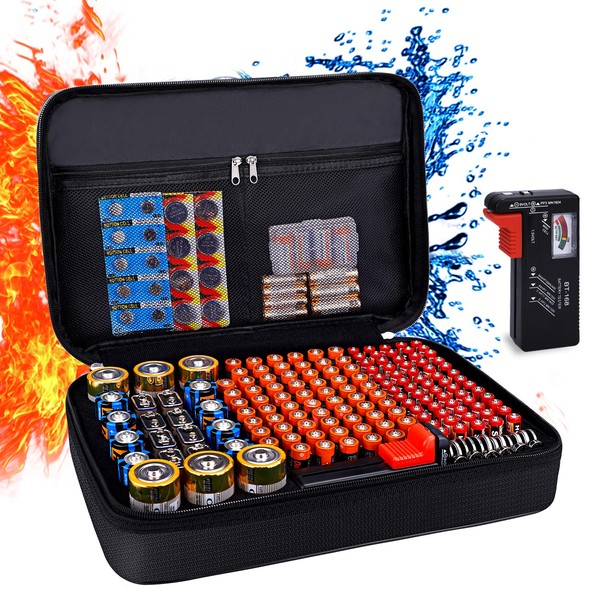 Fireproof Battery Organizer Storage Case with Tester BT-168, Waterproof & Explosion-Proof Safe Bag, Carrying Container Bag - Holds 210+ Batteries AA AAA C D 9V (Batteries are Not Included)