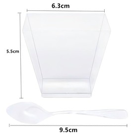 50Pack 5oz Square Plastic Dessert Cups with Spoons, Reusable Clear Parfait Appetizer Cups, Mini Party Trifle Shooter Serving Shot Glasses for Tasting