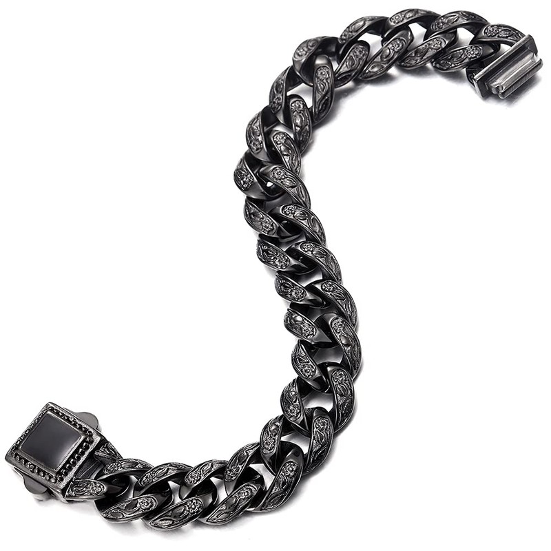 COOLSTEELANDBEYOND Chunky Heavy Mens Stainless Steel Black Curb Chain Bracelet