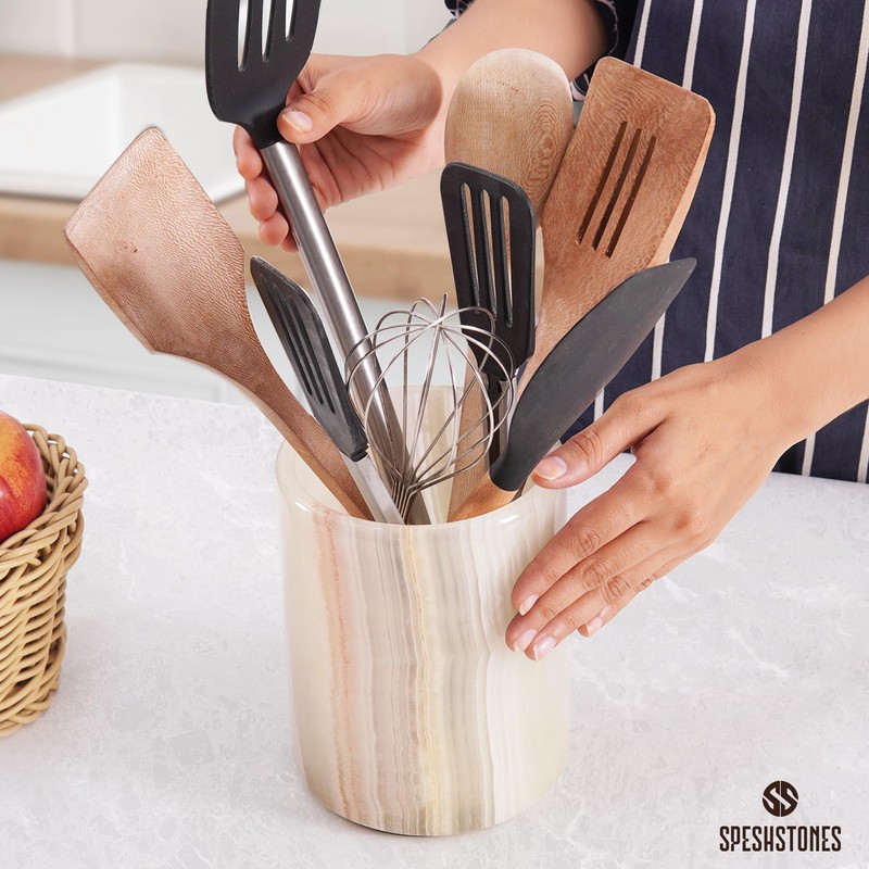 SPESHSTONES Marble Utensil Holder 6.5 Inch White Onyx Wooden Cooking