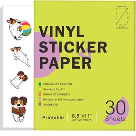 60 Sheets Premium Printable Vinyl Sticker Paper for Inkjet Printers Glossy White 8.5x11 Inch Waterproof & Vibrant Colours Retains Ink Well Tear Resistant Great for Cutting Machines