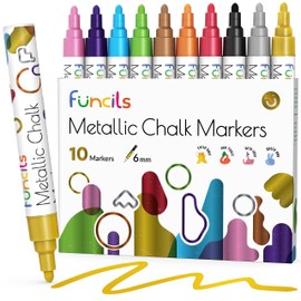 Funcils Chalk Pens for Blackboard, Washable, 10 Metallic Pens with 6 mm Reversible Tip, Chalk Pen for Windows, Blackboard, Whiteboard and Glass Pen, Chalk Markers for Adults and Children