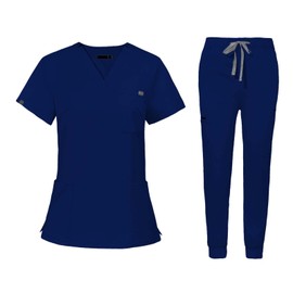 LOVIVER Uniforms Scrub Set Short Sleeve Nurse Top Pants Suit Modern V Neck Scrub Top Female Stretch Nursing Work suits for Healthcare, XL, Blue