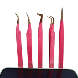 SZELES Diamond Grip Tweezers Lash Eyelash Extension Tweezers Kit Isolation Volume Straight Tweezers Set Professional Artist Tech Work Kit make-up Nail Lash Tools (PINK)