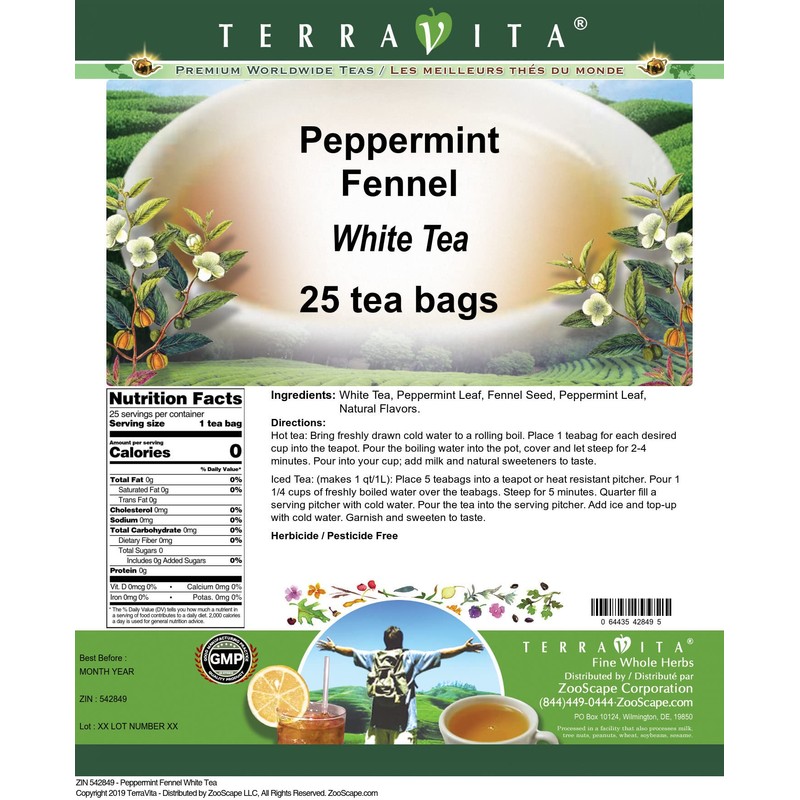 Peppermint Fennel White Tea (25 tea bags, ZIN: 542849)