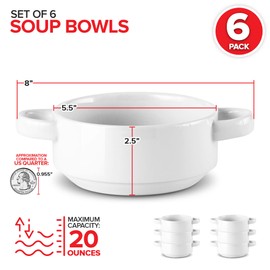 Modern Innovations 20 oz French Onion Soup Bowls with Handles in White (Set of 6) Oven and Microwave Safe Bowl, Stoneware Stackable, Large Ceramic Crocks, 2 Handle Crock