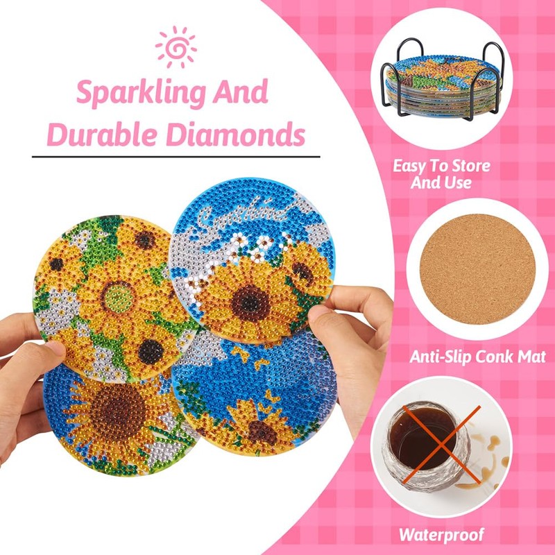 Cheriswelry 8Pcs Diamond Painting Coasters Sunflower Diamond Coasters with Holder