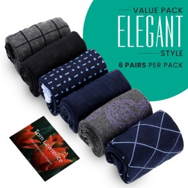 Tom Lawrence Mens Dress Socks -Premium Quality Soft Cotton- Pack of 6 in Gift Box, Assorted Patterned dress Socks, Dress Socks For Men 9-12, Breathable Soft Cotton- Nylon Blend