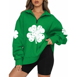 ALIREVERIE Women's St Patricks Holiday Loose Fit Shirts Irish Shamrock Oversized Quarter Zipper Sweatshirt Clover M