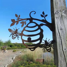 Adove Bee Wall Art Rusty Metal Bee Hive For Garden Decor Outdoor Wall Ornaments