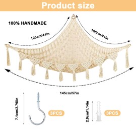 Teddy Hammock Toy Storage Net, Corner Toy Hammock for Stuffed Animals, Macrame Boho Plush Toy Nursery Hanging Organizer Net for Bedroom Playroom Nursery Decor(Beige)