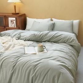 FOSSA Duvet Cover Set 100% Washed Cotton Linen Feel Super Soft Breathable Cozy 3 Pieces Bedding Sets Solid Sage Green Full/Double