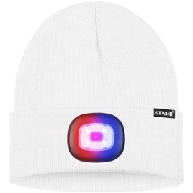 ATNKE LED Lighted Beanie Hat,USB Rechargeable 4 LED Red and Blue Flashing Running Headlamp Cap Gifts for Men and Women/#White