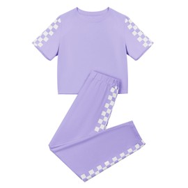 Haloumoning Kids 2 Piece Outfits Girls Summer Plaid Short Sleeve T-Shirts and Pants Set Fashion Clothing Sets