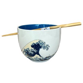 Urban Tokyo Ceramic Glazed Japanese Ramen Udon Noodle Rice Bowl With Chopsticks 18 fl oz 5 inch Diameter Bowl Sets Color Box Packaging Great Wave Off Kanagawa Hokusai Design