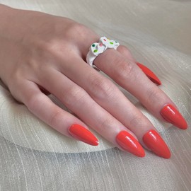 24 Pcs Solid Orange Red Press on Nails Almond Press on Nails Short Cherry Color Almond Nail Tips Acrylic Nails Soft Gel Nail Tips Fake Nails with Glue Short for Young Girls