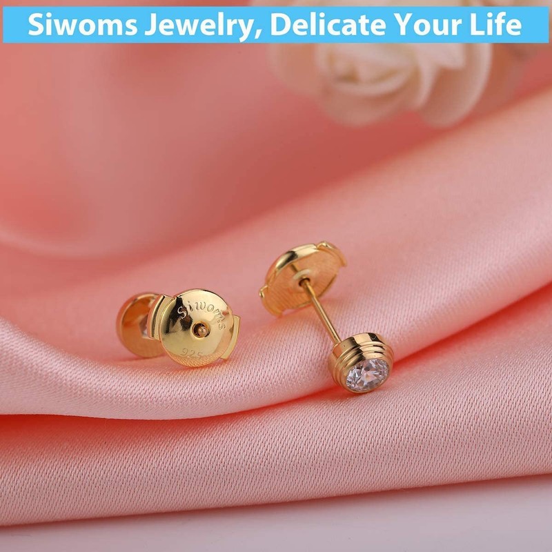 2-Pairs 14K Gold Locking Earring-Back Replacements for Studs, Hypoallergenic 925