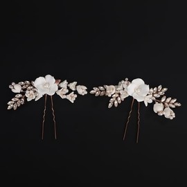 BERYUAN White Flower Leaf Rhinestone Pearls Hair Pins Rose Gold Wedding Hair Pins Crystal Rhinestone Pearls Bridal Headpiece for Wedding Women Girls(2pcs) (rose gold)