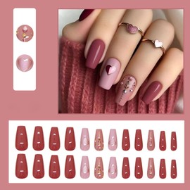 24 Pcs Valentine's Day Press on Nails Medium Square - ZIFANHU Red Glossy Fake Nails Press ons Nail Art Tips Glue on Nails with Cute Love Design Full Cover Acrylic False Nails for Women Girls DIY