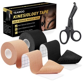 TEAWO Kinesiology Tape 2 Rolls (2in X 16.4Ft) – Waterproof, Hypoallergenic, Latex-Free Athletic Tape, Muscle & Joint Support for Sports Recovery (Beige & Black with Bonus Specialized Scissors)