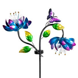 50'' Solar Powered Kinetic Wind Spinner Sculpture Blue Lotus Metal Stake Spinner for Patio, Lawn and Garden Decor Weather Resistant Outdoor Art with Dual Lotus with Butterfly Design