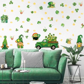 FWIEXA St Patrick's Day Wall Stickers, Lucky Shamrock Wall Decals, Cute Leprechaun Decorations, Golden Coins Green Clover Car Beer Clings Peel Stick Mural for Party, Irish, Holiday - Size 38.5x12 Inch