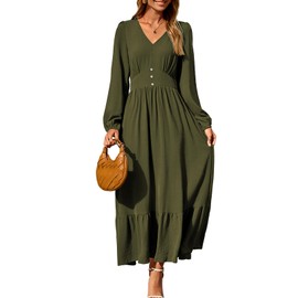 Dokotoo Maxi Dresses for Women 2025 Casual V Neck Long Sleeve Elegant Ruffle Flowy Long Dress High Waist Tiered Green Dress Fall Wedding Guest Dresses Small