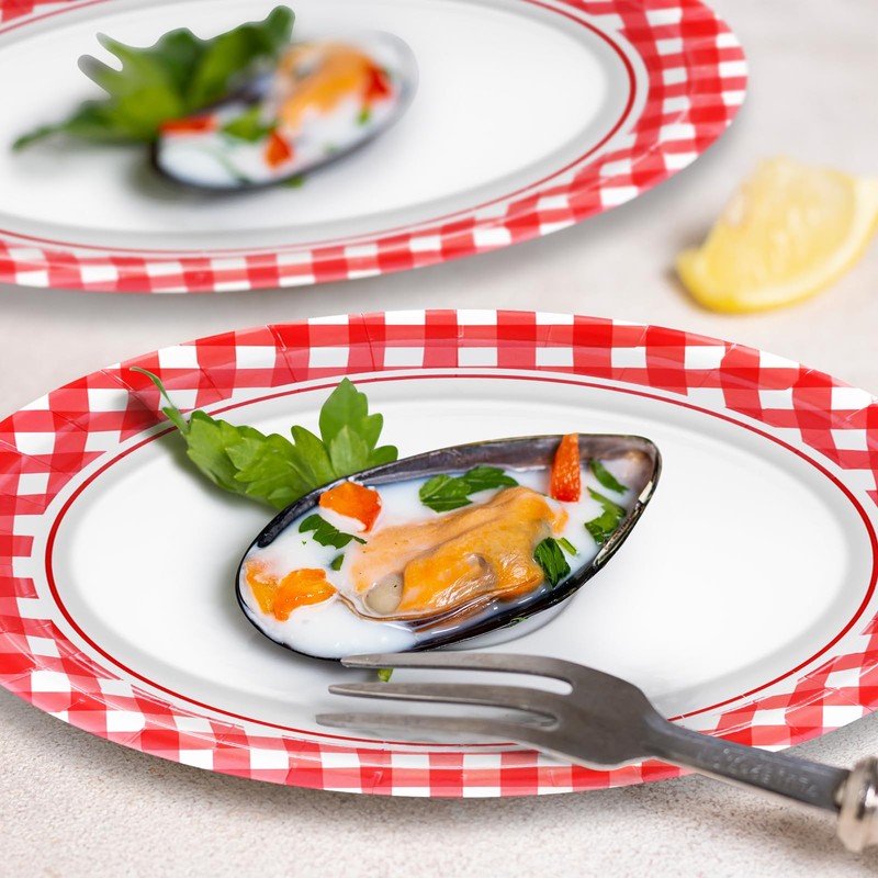 PhyLence 50 Pcs Red Gingham Oval Paper Plates – 9"
