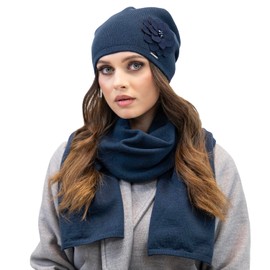 VIVISENCE Women's Beanie Winter Hat Warm Patterned Headpiece 7010, Made in the EU, darkblue,