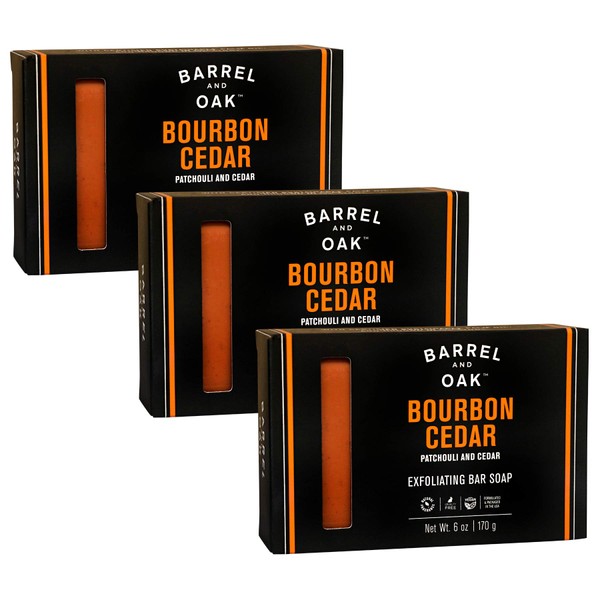 Barrel and Oak - Exfoliating Bar Soap, Men's Soap Bar, Natural Exfoliator, Deep Cleans Pores & Removes Dead Skin, Certified Sustainable Palm Oil, Kaolin Clay, & Olive Stone (Bourbon Cedar, 6 oz, 3-Pack)