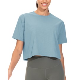 THE GYM PEOPLE Workout Crop Tops for Women Short Sleeve Shirts Loose Fit Yoga Athletic Basic Cropped T-Shirts Ink Blue