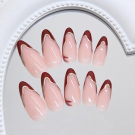 French Tip Press on Nails Wine Red Almond Fake Nails Medium Gold Stripes Acrylic False Nails Nude Glue on Artificial Nails for Women Manicure 24Pcs