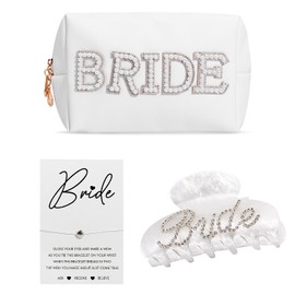 Chovbe Bride to Be Gift Set – Makeup Bag, Shark Hair Clip & Heart Woven Rope – Bridal Shower & Wedding Gifts for Bride