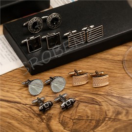 SROBENZ 12 Pairs Cufflinks for Men Silver Black Striped Disc Square Rectangle Cuff Links Shirt Suit Men’s Cufflinks For Wedding Groom Business Elegant Gift Box(6Pcs,BoxB)