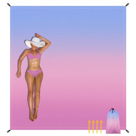 Large Beach Blanket Waterproof Sandproof, Blue Pink Gradient Weighted Polyester Picnic Blanket Windproof w/Stakes and Sand Pockets, Outdoor Camping Beach Mat Sand Free Fits 8 Adult for Travel, Hiking