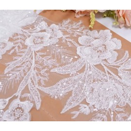 1yard Luxury Beaded Embroidery Sequins Flower Lace Applique For Wedding Dress