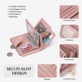 GOLF SUPAGS Wallets for Women PVC Leather Credit Card Holder Large Capacity Multi Card Organizer Small Wallet with Double Zipper Pocket, Pink × ash green-859, Modern