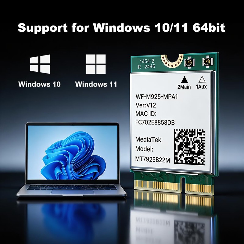 WiFi 7 Card 6.5Gbps MT7925 for Gaming 4K Streaming M.2