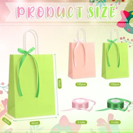 Abbylike 200 Pcs Paper Christmas Gift Bags with Handles Gift Wrapping Bags and 6 Rolls Ribbon for Xmas Birthday Shopping Wedding Party Decor,6 x 3 x 8 Inch (Pink, Green)