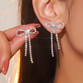 Bow Earrings for Women Trendy Rhinestone Bow Stud Earrings Gold Bow Dangle Earrings for Women Long Crystal Tassel Drop Earrings Prom Wedding Earrings Christmas Gifts Stocking Stuffers