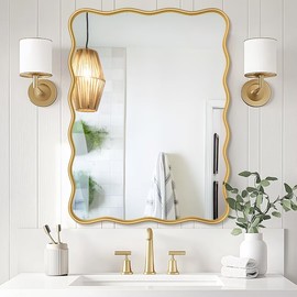 PROHOMEWARE 30 * 40" Gold Bathroom Mirror for Wall,Wavy Rectangular Mirror,Vanity Mirror,Bathroom Mirrors for Wall,Wall-Mounted Metal Frame Mirror for Bedroom Entryway Living Room Farmhouse (Gold)