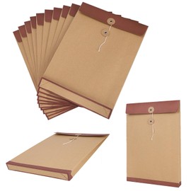 10Pcs A4 Large Kraft File Folder Foolscap Brown Gussetted Envelope Portfolio Organiser Portable Paper Document Project Pockets with String Closure Office School for Bills Receipt Bag Pouch Self Seal