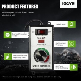IGOYE 100V-120V 15A AC Motor Speed Controller with Overload Protection, Variable Speed Controller for Electric Tools,Resistance Heating,Electric Fan,Voltage LED Display
